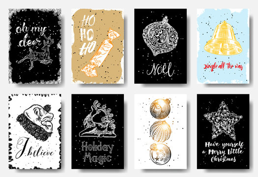 Set of hand drawn greeting cards. Great print for invitations, posters, tags. Oh my deer, HO HO HO, noel, jingle all the way, I believe, Holiday Magic, Merry little Christmas. Vector.