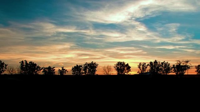 Panning shot across a small tree line silhouetted against a sunset in Palm Desert
