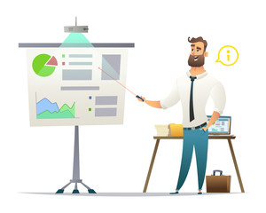 Businessman pointing on diagrams and graphs, cartoon flat-style vector illustration. Manager makes presentation.