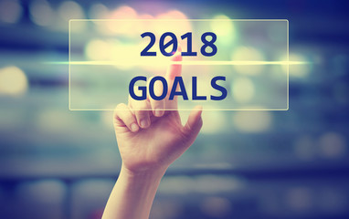 Fototapeta na wymiar 2018 Goals concept with hand pressing a button on blurred abstract background