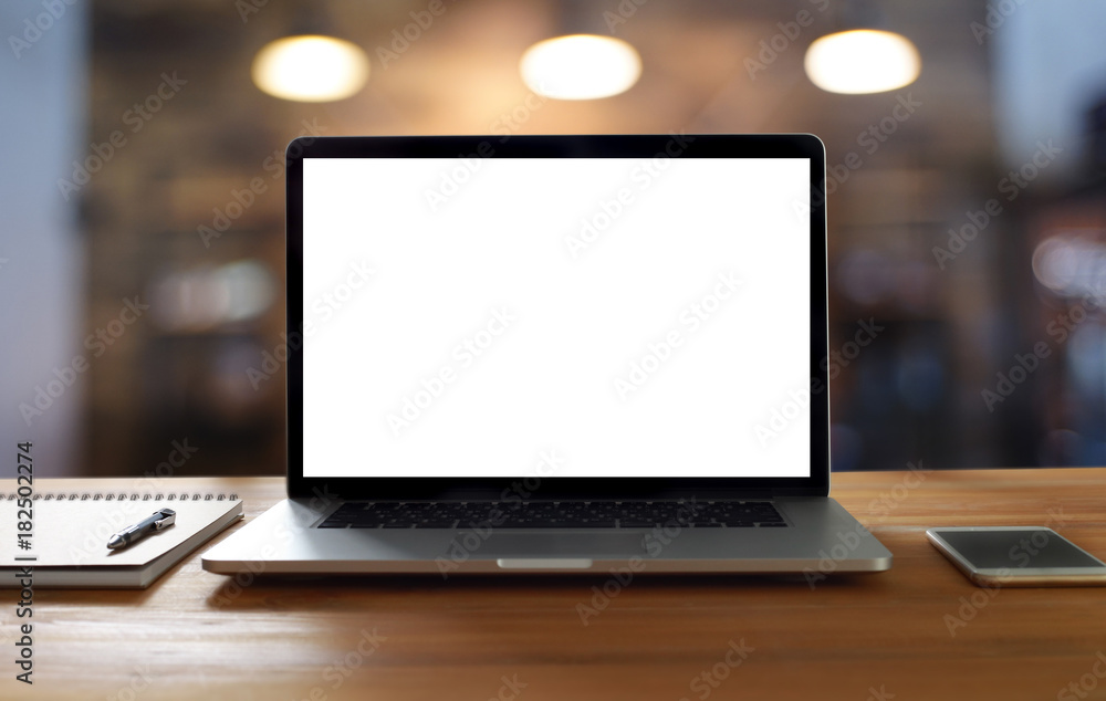 Poster laptop with blank screen on table. workspace background new project on laptop computer with blank co