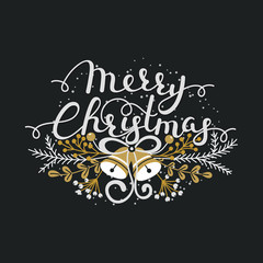 Merry Christmas. Handwritten lettering. Hand drawn herbs and bells. Calligraphy. Winter holiday. Wishes. It can be used for card, postcard, poster, invitation, banner. Vector illustration, eps10