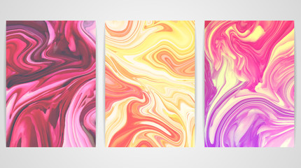 Three backgrounds with marbling. Marble texture. Paint splash. Colorful fluid. It can be used for poster, card, brochure, invitation, cover book, catalog. Size A4. Vector illustration eps10