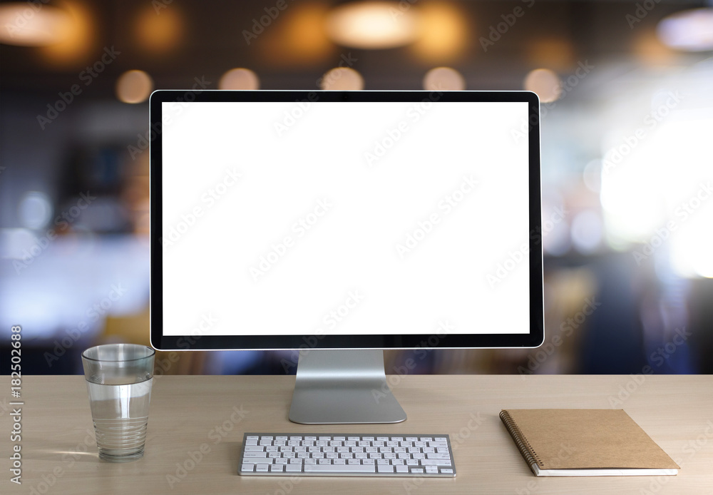 Poster laptop with blank screen on table. workspace background new project on laptop computer with blank co