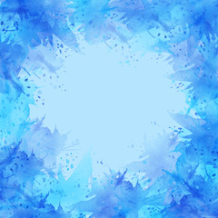 Watercolor frame, postcard, card, background, abstraction. blue paint, colors, paint splash. Used for a variety of design and decoration. Winter frosty window.