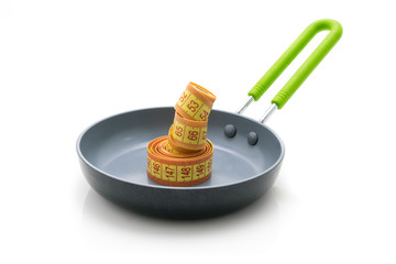 Measurement Tape on Fry Pan, concept of healthy food and diet