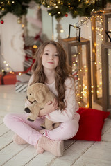 Smiling girl with soft toy near Christmas decorations