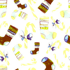 Beautiful Seamless Christmas Pattern. Hand Drawn Watercolor Illustration. Background for your design of Greeting Card, Invitations, Poster. Wonderful Print for Wrapping Paper, Fabric, Tiles, Wallpaper