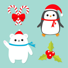 Merry Christmas icon set. Candy Cane stick with red bow. Penguin bird, white polar bear cub wearing Santa Claus hat, scarf. Holly berry Mistletoe. Flat design. Blue background