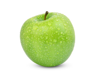 whole of green apple or granny smith apple with drop of water isloated on white background
