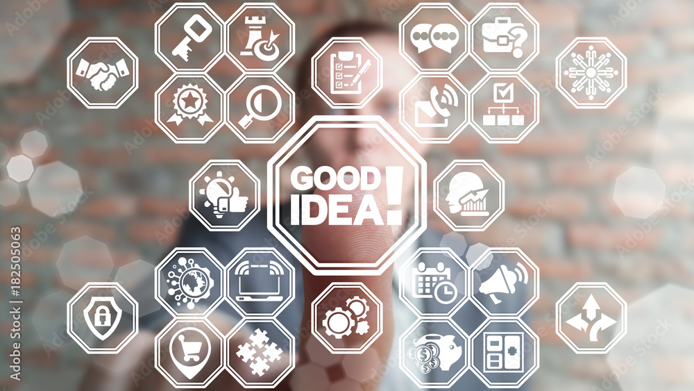 Poster goodea - good idea business concept. businessman using virtual touchscreen presses good idea text ex