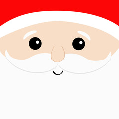 Santa Claus big head face. White beard, moustaches, eyebrows, red hat. Cute cartoon kawaii funny character. Merry Christmas. Winter background. Greeting card.