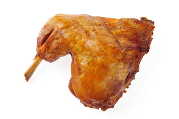 On a white background of the chicken leg
