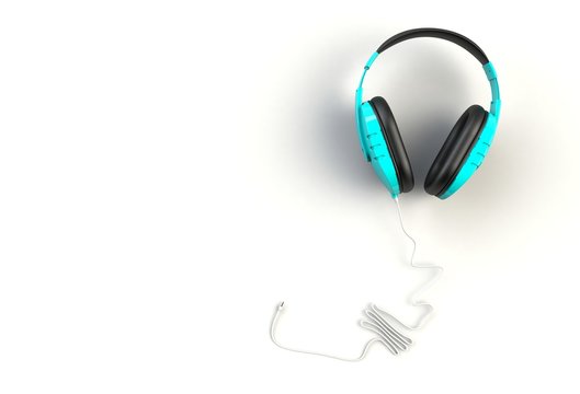 Blue headphones on white background, Top view with copyspace for your text, 3D rendering