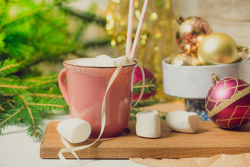 Christmas holidays decoration with hot cocoa and marshmallows. Toned photography. New Year Concept.