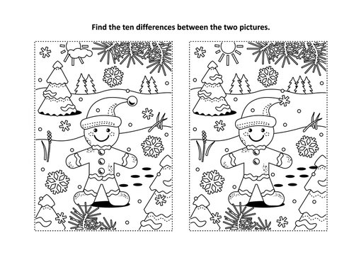 Winter holidays, Christmas or New Year themed find the ten differences picture puzzle and coloring page with gingerbread man cookie.
