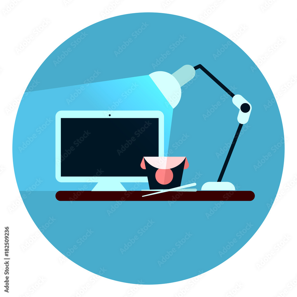 Poster workplace icon desktop computer on desk web button on round blue background flat vector illustration