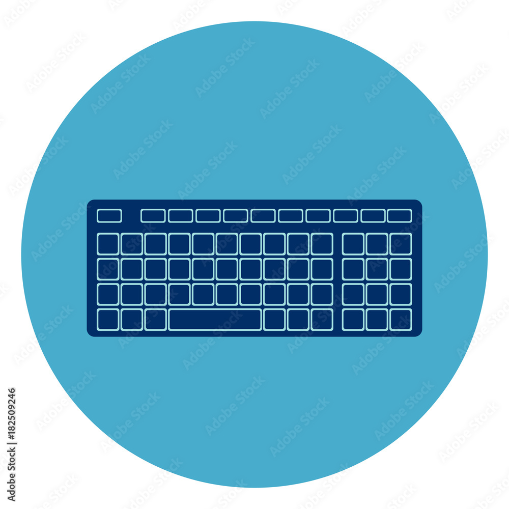 Poster computer keyboard icon web button on round blue background flat vector illustration