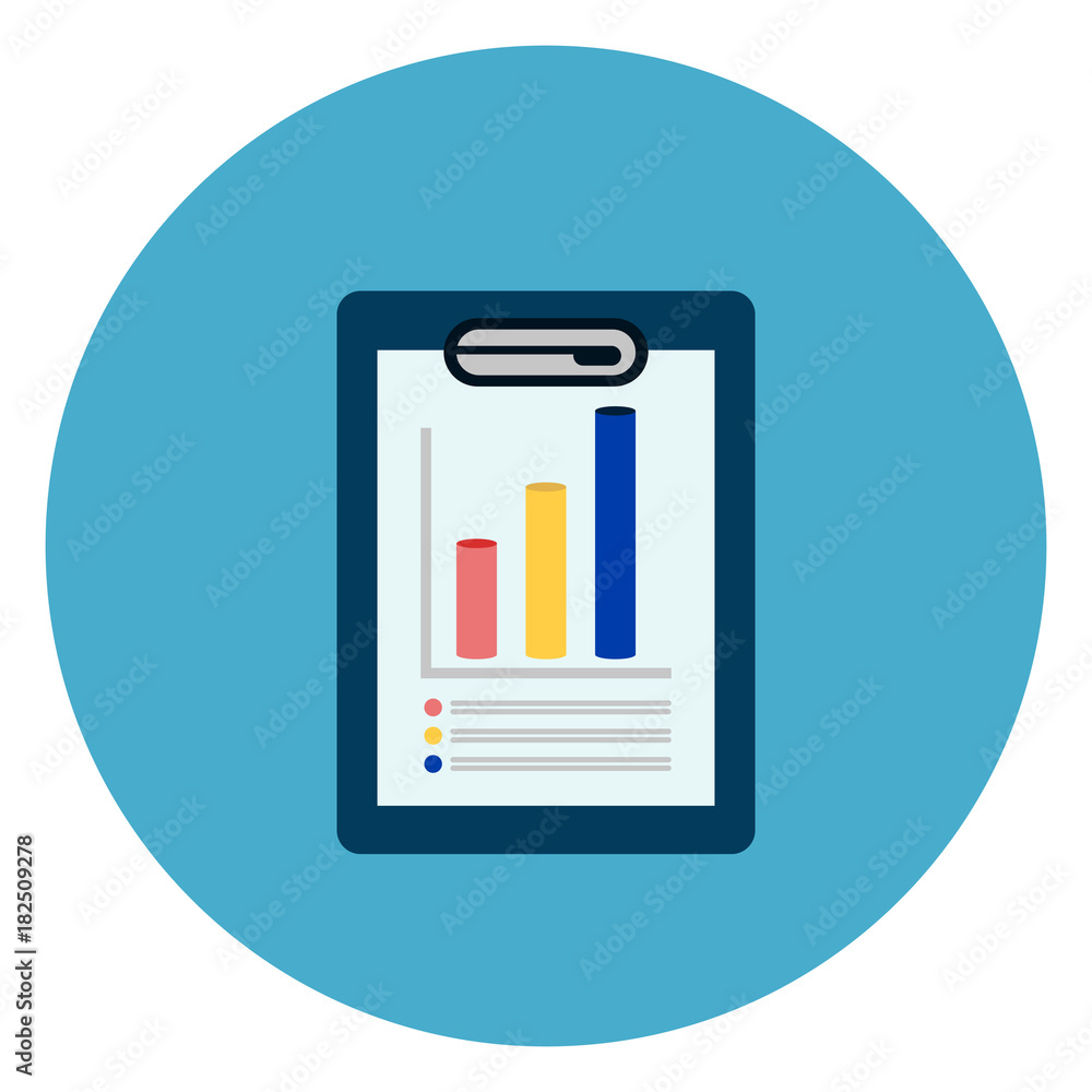 Poster document with data charts icon web button on round blue background flat vector illustration