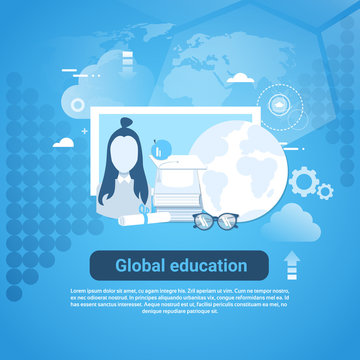 Global Education Web Banner With Copy Space On Blue Background Vector Illustration