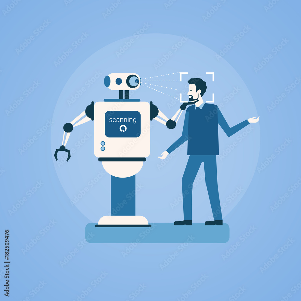 Poster robot scanning man face biometric identification access control technology recognition system concep