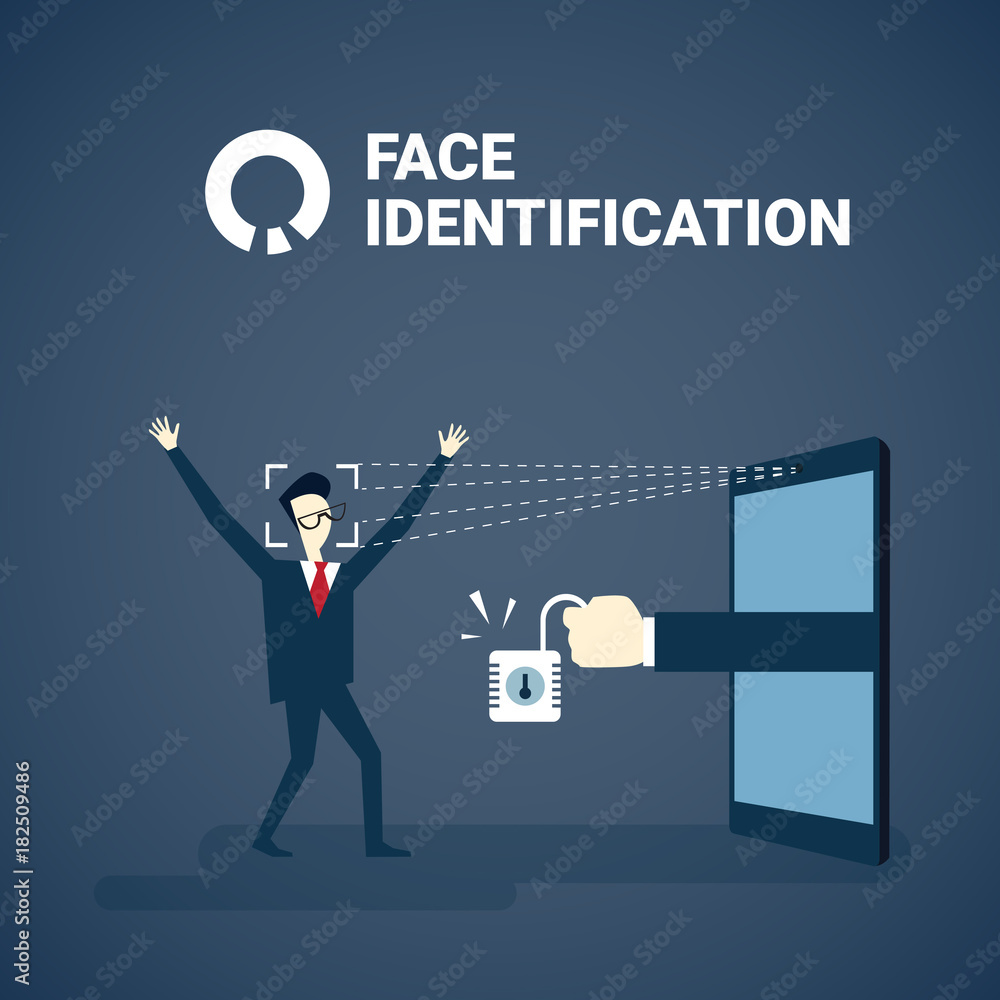 Poster man getting access after face identification scanning modern biometric technology recognition system