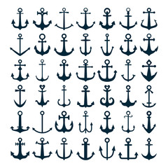Set of anchor icons isolated on a white background, for marine tattoo or logo. Vector illustration