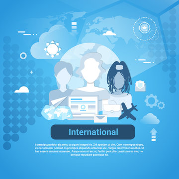 International Social Media Communication Web Banner With Copy Space On Blue Background Vector Illustration