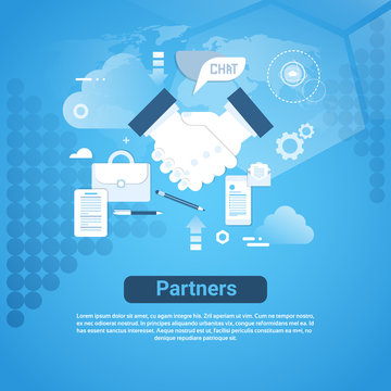 Partners Web Banner With Copy Space On Blue Background Business Partnership Hand Shake Concept Vector Illustration