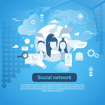 Social Network Communication Web Banner With Copy Space On Blue Background Vector Illustration