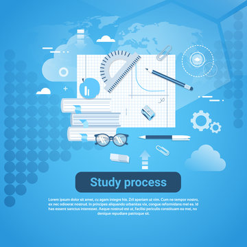 Study Process Web Banner With Copy Space On Blue Background Vector Illustration