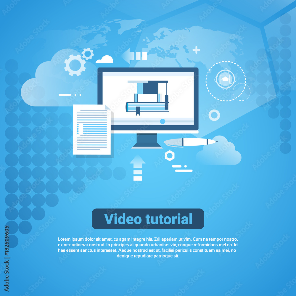 Poster video tutorial template web banner with copy space flat vector illustration