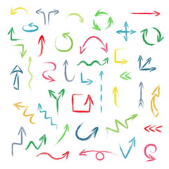 Hand drawn arrows set made of chalk or pastel texture, vector illustration