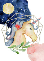 Cute unicorn  watercolor hand drawn merry christmas illustration with night sky and moon 