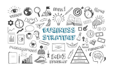 Business strategy. Vector hand drawn Infographic icons set. Financial managament and office isolated objects