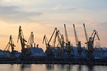 Fototapeta na wymiar Port cargo crane at sunset
