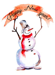 Snowman with red poster and text 