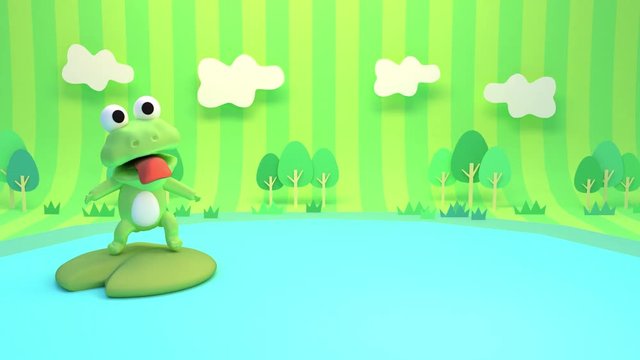 Looped 3d cartoon little green frog jumping on a lily pad in the pond animation.