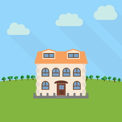 Lone two-storey house in a field with an green tree. Vector illustration.

