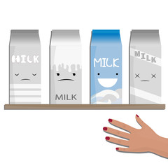 Vector illustration of milk emotions,  a different carton of milk. Buyer choice in a shop