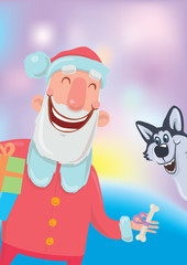 Happy laughing Santa Claus with bone and a dog. New year and Christmas cards for year of the dog according to the Eastern calendar. Vector Characters Illustration on glowing colourful background.