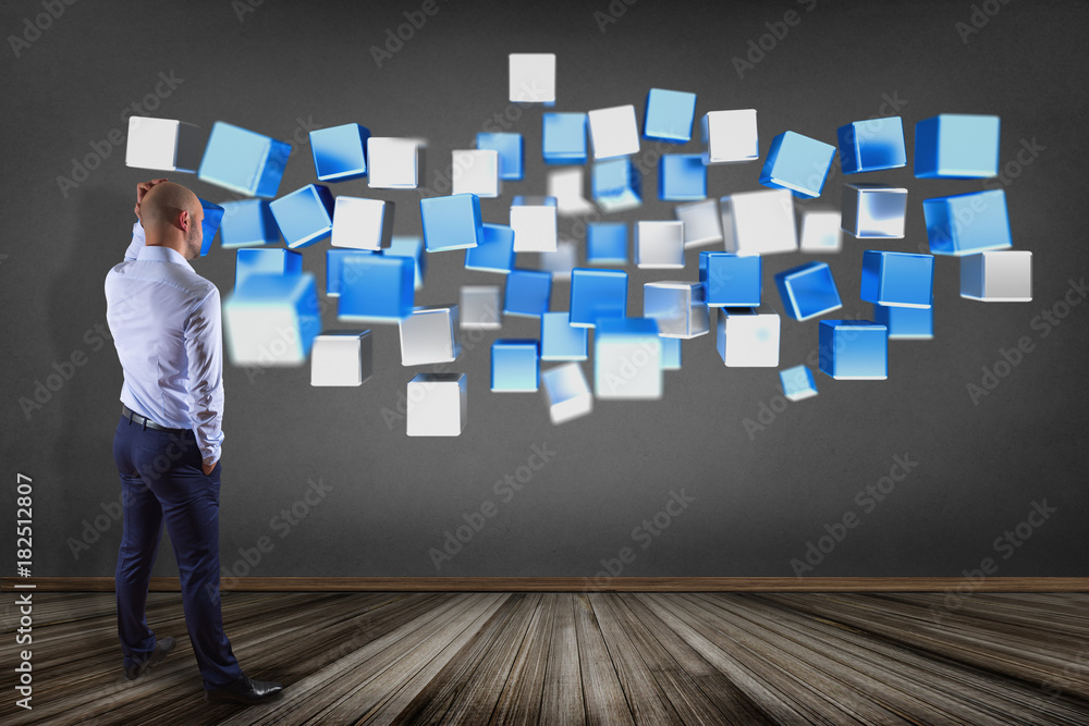 Poster 3d rendering blue and white cube on a futuristic interface