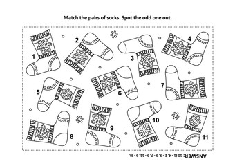 IQ training visual logic puzzle and coloring page with Santa's (or somebody's else) knitted socks. Match the pairs. Spot the odd one out. Answer included.
