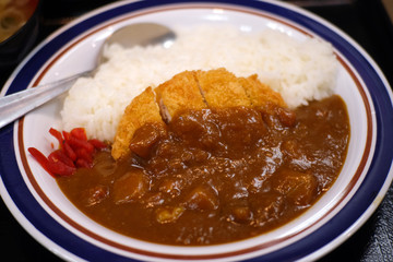 Japanese crispy fried pork with curry rice on a plate