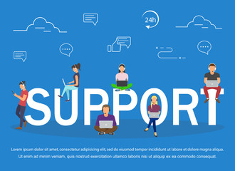Call center agents with headphones. Online support service assistant. Vector illustration.