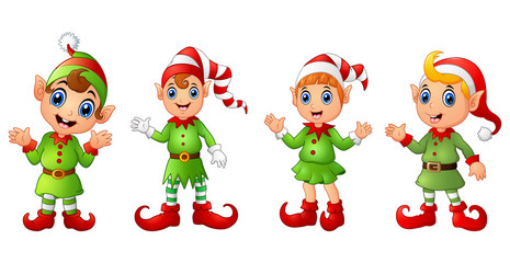 Four Christmas elves different poses isolated on white background