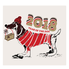 Cute funny dog with present, vector illustration, Happy new year 2018