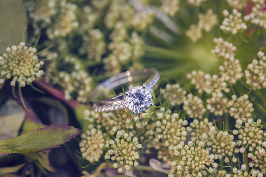 Diamon wedding engagement ring on natural romantic background with rose buds