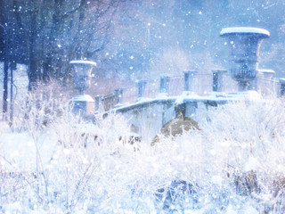Blurry and abstract magical winter landscape photo. Glitter overlay.