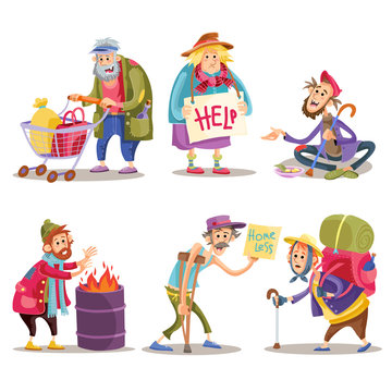 Beggars, homeless, tramps, hobo, funny vector cartoon set isolated on white background. Hobo with shopping cart, beggar on the street, homeless man warms himself by the fire, bum with crutch